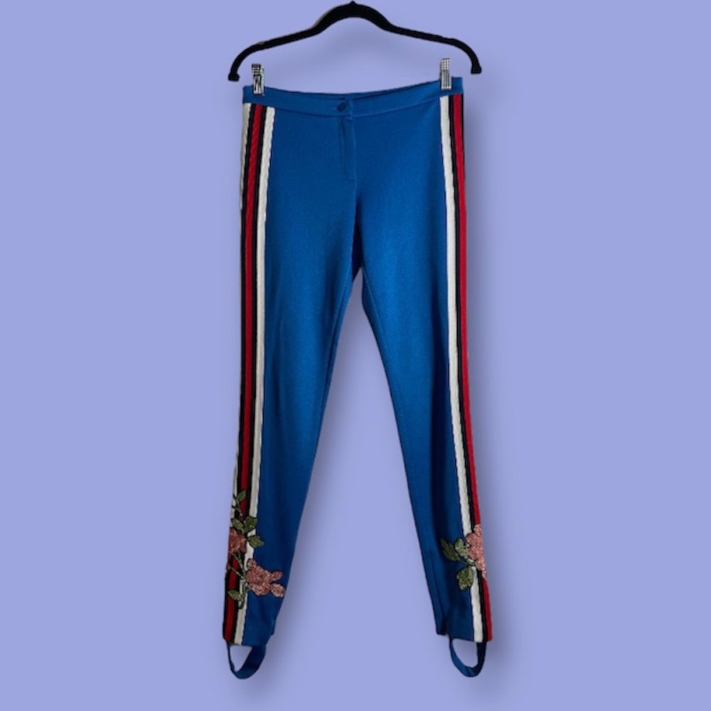 Gucci Blue Web Striped Stirrup Pants with Beaded Flowers